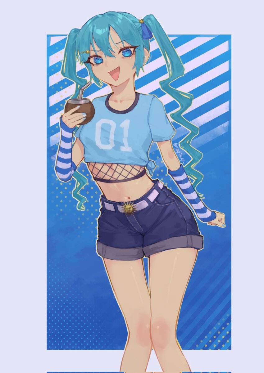 1girl aqua_eyes aqua_hair aqua_nails blue_background blue_ribbon blue_shirt blue_shorts collarbone crop_top fishnet_top fishnets grey_background grey_outline hair_ornament hair_ribbon hairclip hatsune_miku highres holding_mate long_hair looking_at_viewer mate midriff navel open_mouth outline ribbon saydens shirt short_sleeves shorts smile solo striped_arm_warmers sun_hair_ornament twintails uruguay vocaloid worldwide_miku