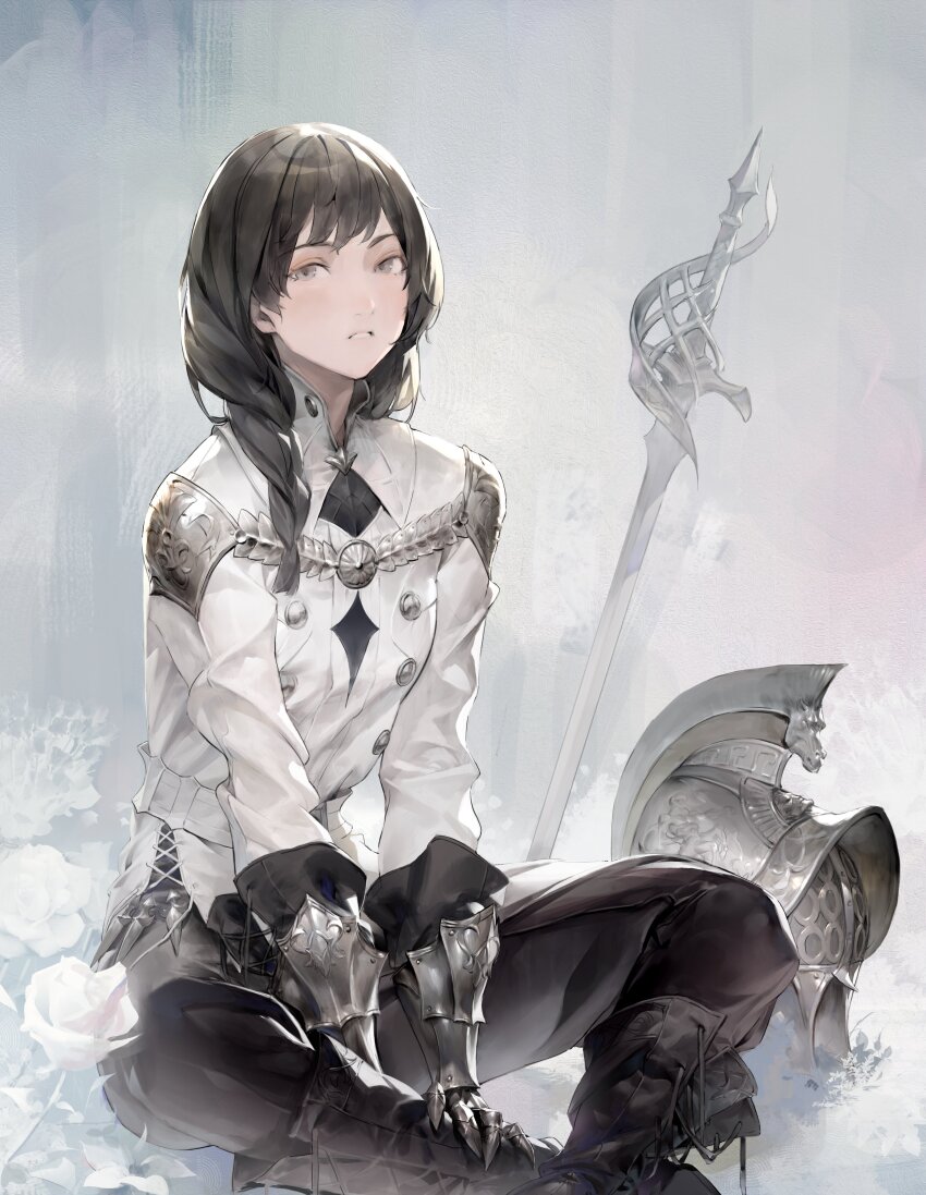 1girl absurdres black_hair boots braid butterfly_sitting commentary english_commentary flower gauntlets unworn_headwear helmet unworn_helmet highres jung_wonjo looking_at_viewer original parted_lips planted planted_sword planted_weapon rapier rose shirt sideways_glance sitting solo sword teeth twin_braids weapon white_background white_flower white_rose white_shirt white_theme