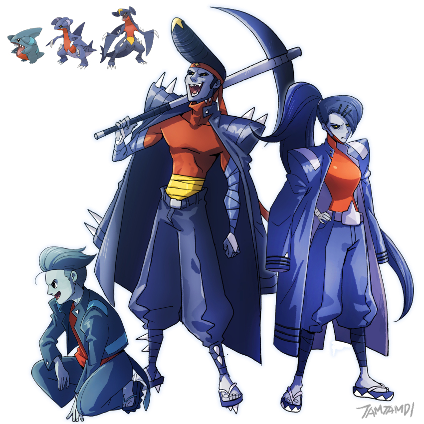 1girl 2boys artist_name black_sclera blue_coat blue_hair blue_jacket blue_pants coat coat_on_shoulders colored_sclera delinquent evolutionary_line full_body gabite garchomp gen_4_pokemon gible highres jacket korean_commentary long_coat mask mouth_mask multiple_boys nintendo open_mouth orange_shirt pants pickaxe pokemon pompadour red_shirt sandals sharp_teeth shirt short_hair signature simple_background squatting tamtamdi teeth undercut white_background