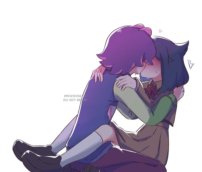 2girls black_hair blush bow bowtie brown_jacket brown_skirt dot_(pokemon) green_hair_ornament hair_ornament hairclip highres indigo_academy_school_uniform jacket kiss liko_(pokemon) long_sleeves multicolored_hair multiple_girls ni12345670 nintendo pink_hair pokemon pokemon_(anime) pokemon_horizons purple_hair red_bow red_bowtie school_uniform shirt short_hair skirt sweatdrop yuri