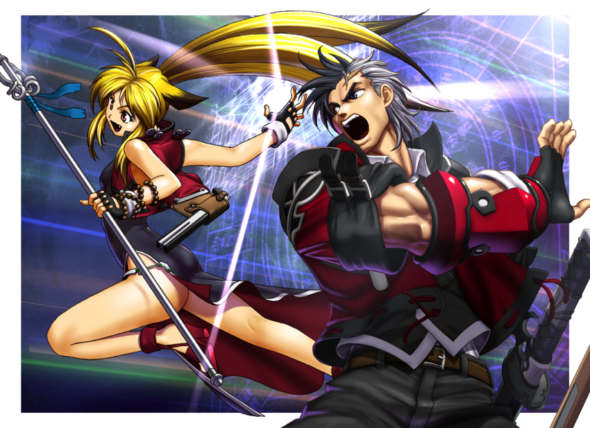 ahoge angry animal_ears arisu_reiji ass banpresto beads belt black_hair blonde_hair blue_eyes capcom china_dress chinese_clothes dress fingerless_gloves fox_tail gloves gun high_heels katana kazue magic multicolored_hair muscular namco namco_x_capcom no_panties open_mouth prayer_beads red_eyes ribbon sandals scar shoes staff super_robot_wars super_robot_wars_og_saga_mugen_no_frontier sword tail two-tone_hair vest weapon xiaomu