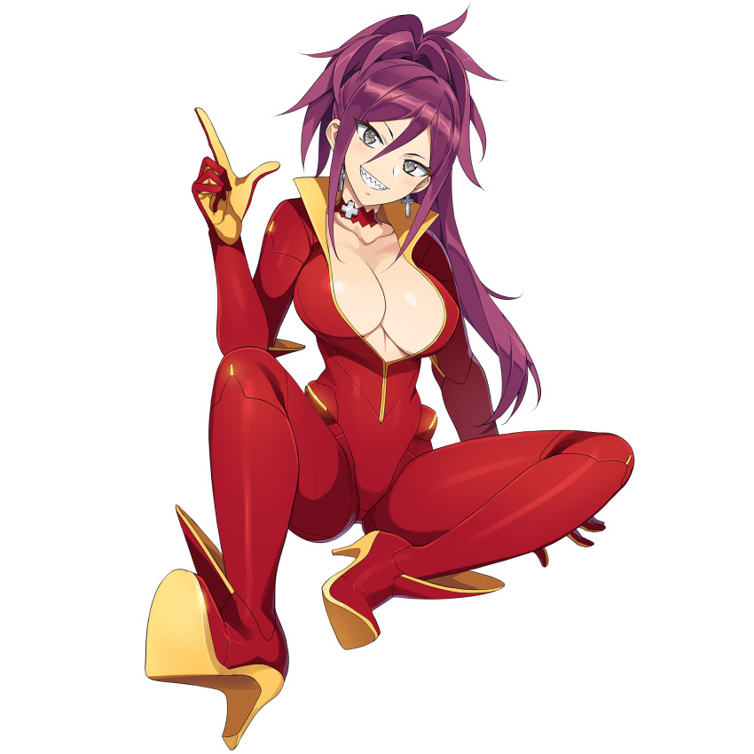 1girl bodysuit boots breasts cleavage clenched_teeth cross cross_earrings dolphin_wave earrings game_cg grey_eyes high_heel_boots high_heels highres jewelry kurenashi_yuuri large_breasts long_hair looking_at_viewer mature_female non-web_source official_alternate_costume official_art ootomo_takuji partially_unzipped pointing pointing_up ponytail purple_hair red_bodysuit red_wetsuit sharp_teeth sitting smile solo spread_cleavage teeth transparent_background