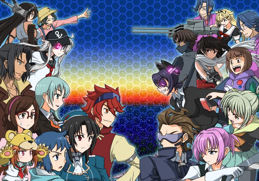 6+boys 6+girls black_hair blonde_hair blue_hair brown_hair cannon cardigan crossover eyepatch eyewear_on_head green_hair grin gundam gundam_build_fighters hat heterochromia hibiki_(kancolle) iori_sei julio_renato kantai_collection kousaka_china koutarou_(plusdrive) kuma_(kancolle) kumano_(kancolle) mario_renato meijin_kawaguchi multiple_boys multiple_girls nagato_(kancolle) necktie nils_nielsen parody pink_hair red_hair reiji_(gundam_bf) ricardo_fellini sazaki_susumu school_uniform sendai_(kancolle) serafuku shiranui_(kancolle) smile sunglasses suzuya_(kancolle) takao_(kancolle) tenryuu_(kancolle) yasaka_mao yuubari_(kancolle) yuudachi_(kancolle) yuuki_tatsuya_(gundam_bf)