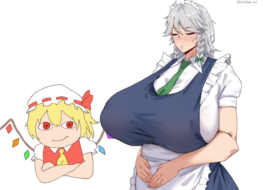2girls absurdres apron blonde_hair blue_skirt bow braid breasts closed_eyes cowboy_shot crossed_arms flandre_scarlet frilled_apron frills green_bow green_necktie hands_on_own_stomach hat highres huge_breasts izayoi_sakuya maid_apron maid_headdress meme mob_cap multiple_girls necktie omikami people_with_blue_eyes_(meme) red_eyes red_shirt shirt short_hair short_sleeves signature skirt sweatdrop touhou twin_braids upper_body white_background white_shirt wings yellow_necktie