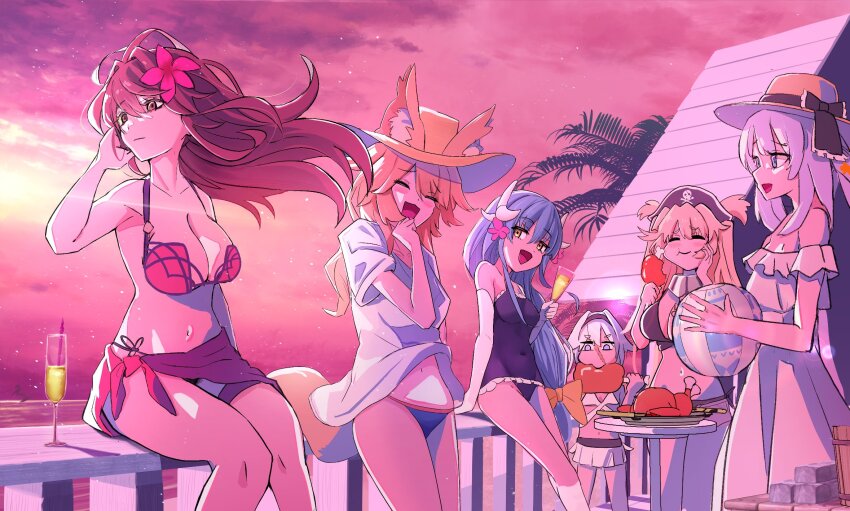 6+girls animal_ear_fluff animal_ears anne_bonny_(fate) anne_bonny_(swimsuit_archer)_(first_ascension)_(fate) ball bare_shoulders beachball bikini black_hat blonde_hair blue_eyes blue_one-piece_swimsuit breasts closed_eyes cloud commentary dragon_horns dress eating fate/grand_order fate_(series) flower food fox_ears fox_girl fox_tail green_hair grey_hair hair_flower hair_ornament hat highres holding holding_ball holding_beachball horns kiyohime_(fate) kiyohime_(swimsuit_lancer)_(second_ascension)_(fate) large_breasts marie_antoinette_(fate) marie_antoinette_(swimsuit_caster)_(second_ascension)_(fate) mary_read_(fate) mary_read_(swimsuit_archer)_(first_ascension)_(fate) meat multiple_girls navel notonaon official_alternate_costume one-piece_swimsuit open_mouth outdoors pink_flower pink_hair pirate_hat purple_bikini sarong scathach_(fate) scathach_(fate/grand_order) scathach_(swimsuit_assassin)_(fate) shirt sky smile stomach straw_hat sun_hat swimsuit tail tamamo_(fate) tamamo_no_mae_(fate) tamamo_no_mae_(swimsuit_lancer)_(fate) twintails white_dress white_hair white_horns white_shirt