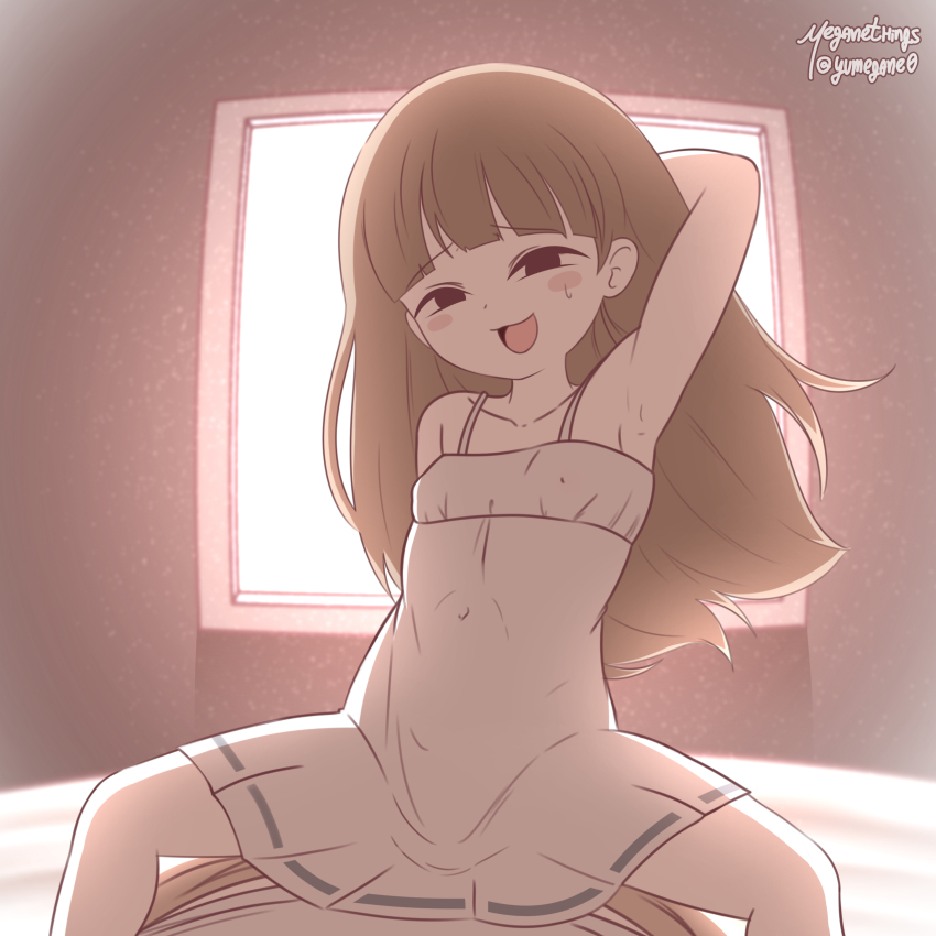 1boy 1girl :d absurdres arm_behind_head arm_up armpits artist_name backlighting bare_shoulders bed bloom blunt_bangs blush_stickers brown_hair child_gf_(orenji) clothed_sex commentary covered_erect_nipples covered_navel dress english_commentary flat_chest girl_on_top hetero highres implied_sex indoors long_hair looking_at_viewer meganethings on_bed open_mouth original paid_reward_available pov sex shy sleeveless sleeveless_dress smile smug sweatdrop twitter_username variant_set white_dress