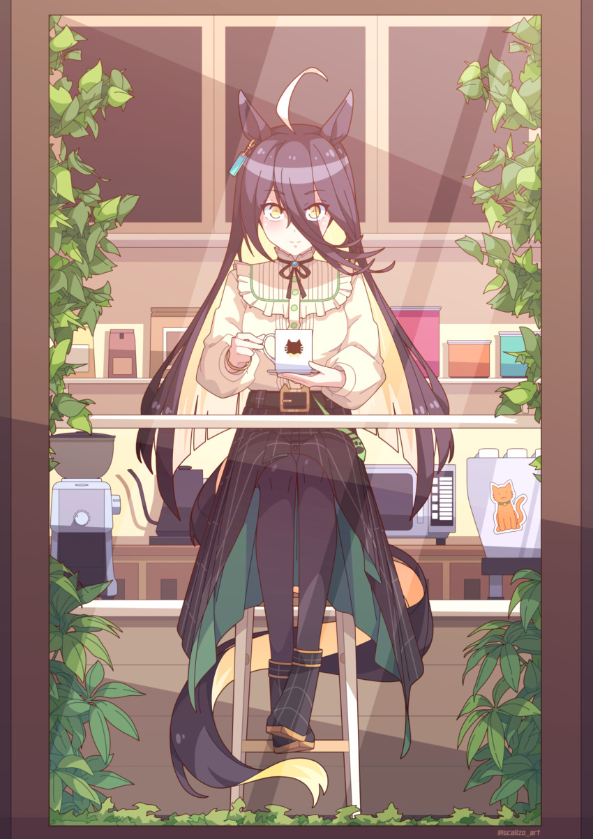 1girl animal_ears black_hair black_pantyhose black_shoes black_skirt buttons closed_mouth colored_inner_hair cup eyes_visible_through_hair highres holding holding_cup horse_ears horse_girl horse_tail long_hair long_sleeves looking_at_viewer manhattan_cafe_(umamusume) microwave multicolored_hair pantyhose scalizo shirt shoes sitting skirt smile solo sticker tail umamusume very_long_hair yellow_eyes yellow_shirt