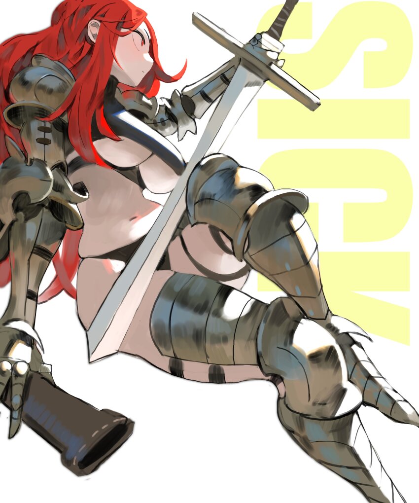 1girl absurdres armor arowana2111 bikini_armor breasts highres large_breasts navel plump red_hair sword tagme underboob weapon