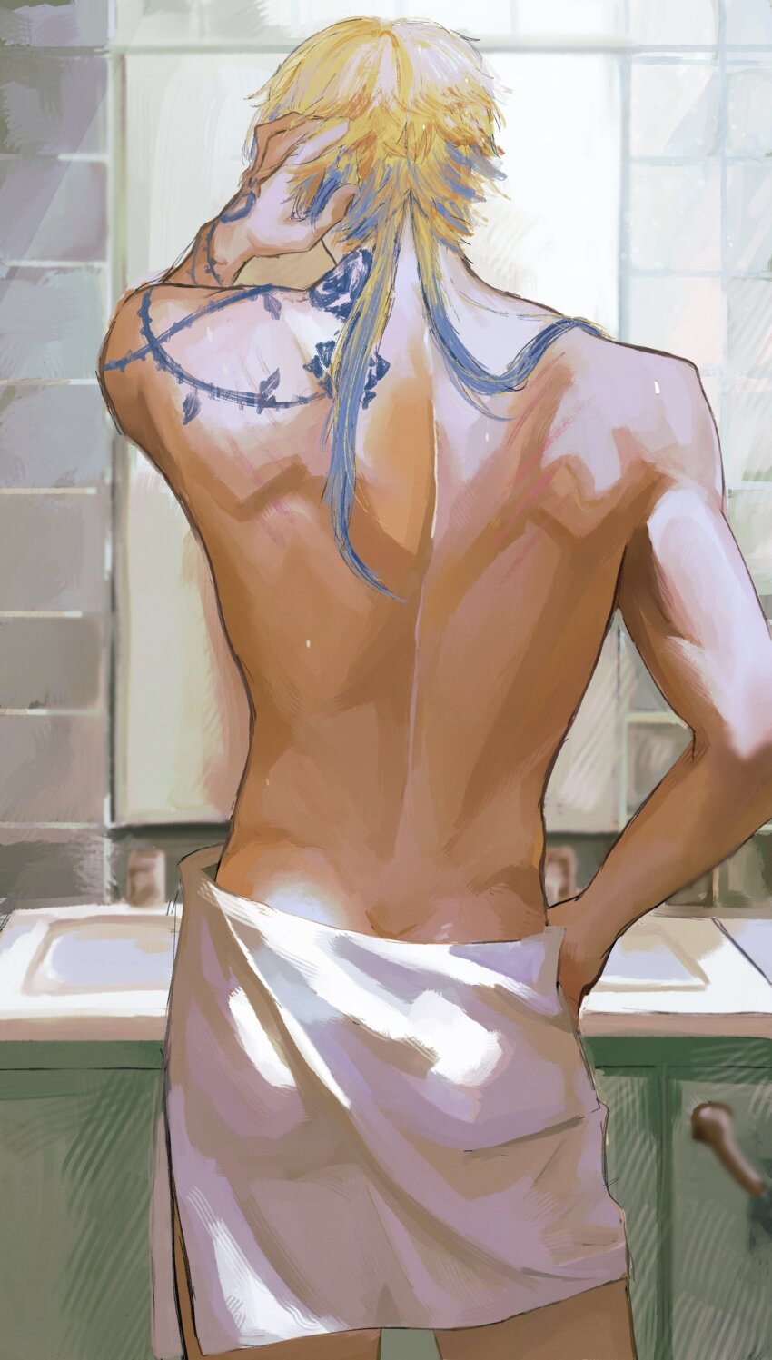 1boy arm_on_own_head arm_tattoo ass back blonde_hair blue_hair blue_lock blue_tattoo commentary faucet flower_tattoo from_behind gradient_hair hand_tattoo highres male_focus michael_kaiser multicolored_hair naked_towel neck_tattoo puresh_i short_hair_with_long_locks solo tattoo towel two-tone_hair wet