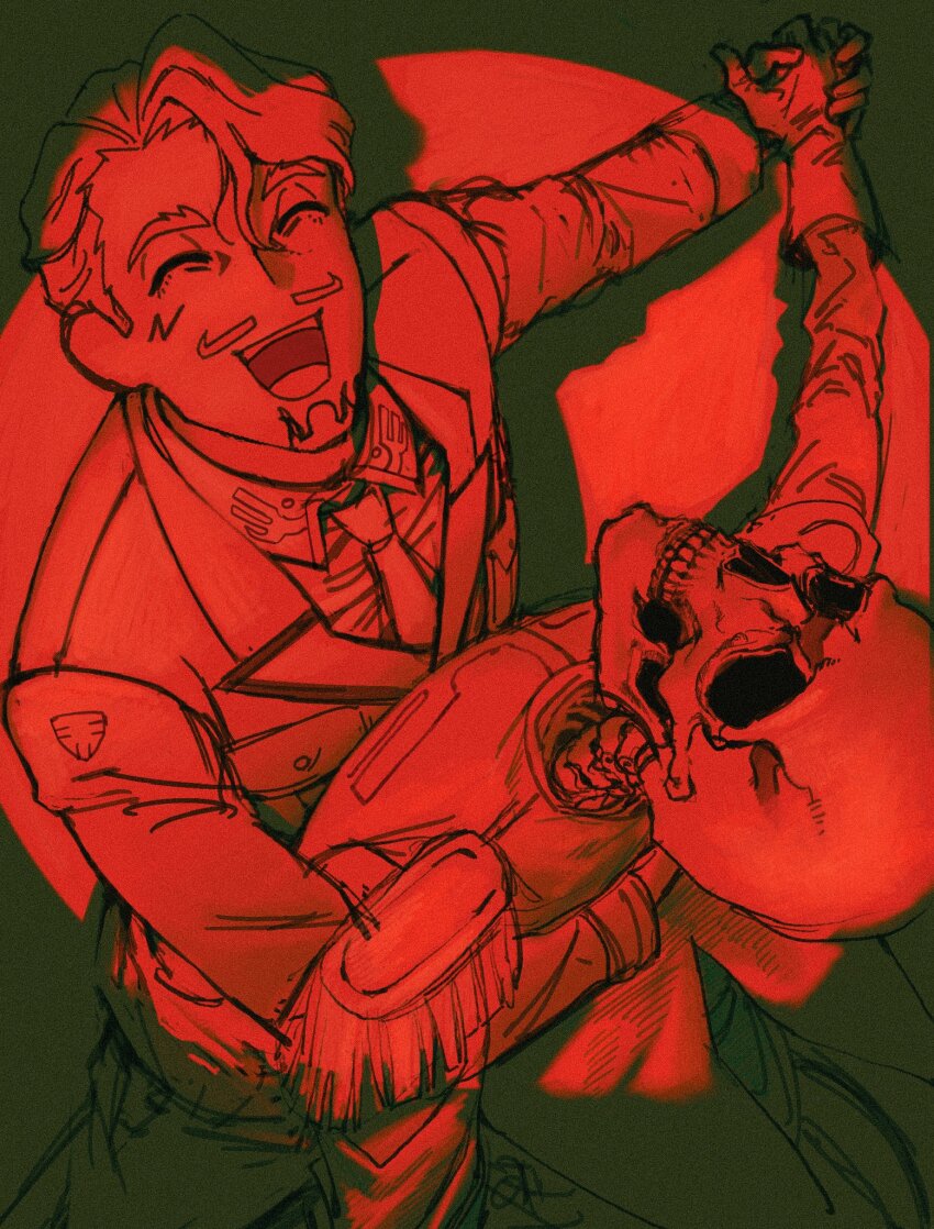 2boys beard challia_bull char_aznable closed_eyes collared_shirt commentary_request dancing facial_hair from_above gloves gundam gundam_gquuuuuux highres jacket long_sleeves male_focus military_jacket military_uniform multiple_boys mustache naemal9 necktie open_mouth red_theme shirt short_hair skeleton skull smile spotlight