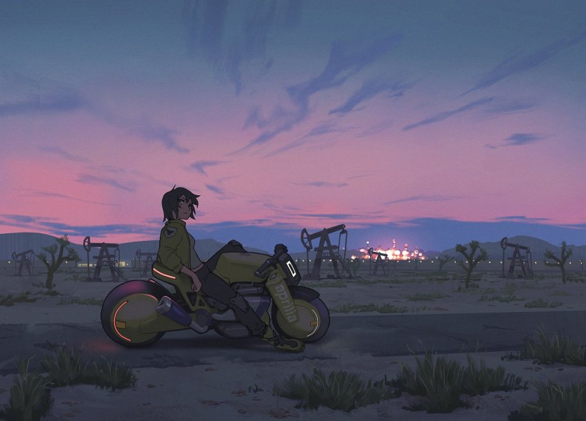 1girl black_hair black_pants cyberpunk desert dusk full_body gradient_sky green_jacket highres horizon jacket knee_pads looking_away looking_up motor_vehicle motorcycle mountainous_horizon neon_trim oil_refinery oil_well on_motorcycle open_clothes open_jacket original outdoors pants patch payinky pumpjack reclining scenery short_hair sky solo twilight