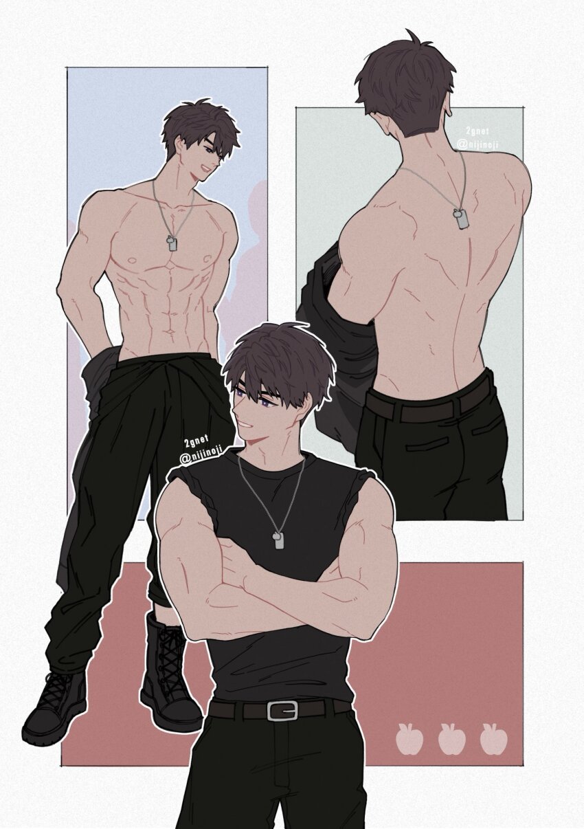 1boy abs apple belt belt_buckle black_belt black_boots black_pantyhose black_shirt blue_background boots border brown_hair buckle caleb_(love_and_deepspace) commentary cowboy_shot crossed_arms dog_tags food from_behind fruit full_body green_background hair_between_eyes highres love_and_deepspace male_focus multiple_views muscular muscular_male nijinoji pantyhose parted_lips red_background shirt short_hair sleeveless sleeveless_shirt solo symbol-only_commentary topless_male twitter_username white_border