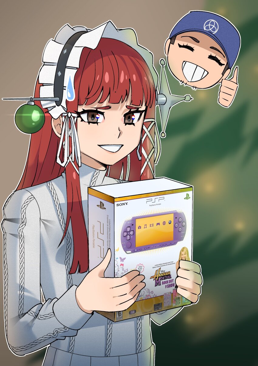 1boy 1girl absurdres blue_hat blurry blurry_background box brown_eyes closed_eyes commentary depth_of_field english_commentary gjh grin hair_ornament hair_ribbon handheld_game_console hat highres holding holding_box iori iori_junpei long_hair long_sleeves maid_headdress object_through_head open_mouth persona persona_3 persona_3_reload playstation_portable red_hair ribbon smile sweater sword sword_in_head thumbs_up weapon yoshino_chidori