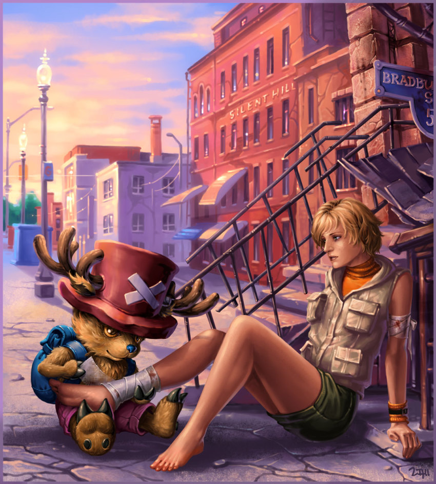1boy 1girl animal backpack bag bare_arms bare_shoulders barefoot blonde_hair building candra cloud commentary crossover feet hat highres jacket miniskirt multiple_boys one_piece purple_shorts reindeer road short_hair shorts skirt sky sleeveless sleeveless_turtleneck smile stairs street tony_tony_chopper turtleneck vest wristband