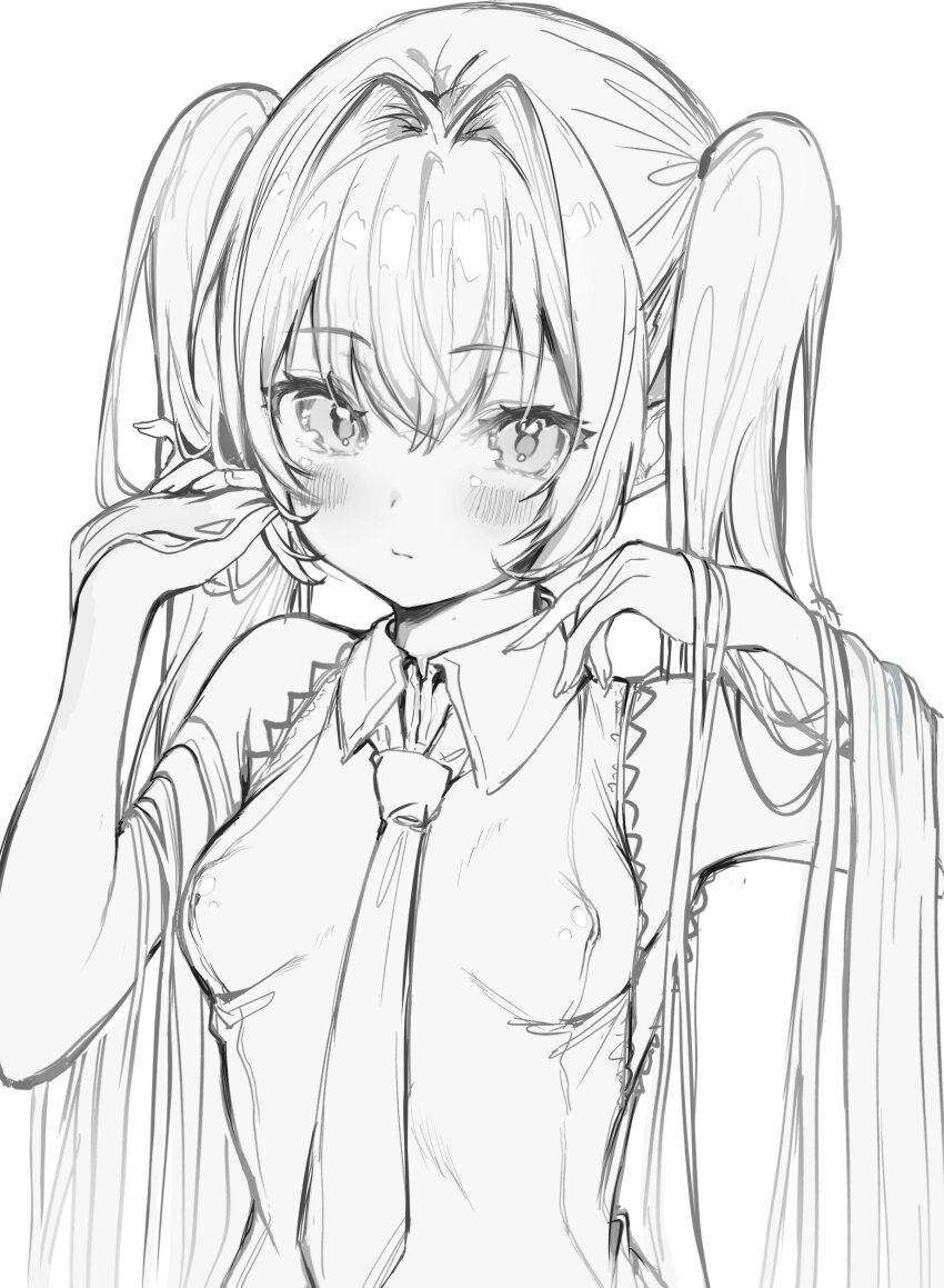1girl absurdres breasts closed_mouth collared_shirt covered_erect_nipples double-parted_bangs fingernails hair_between_eyes hatsune_miku highres holding holding_own_hair long_hair looking_at_viewer necktie shirt sketch sleeveless sleeveless_shirt small_breasts twintails very_long_hair vocaloid wasemkn