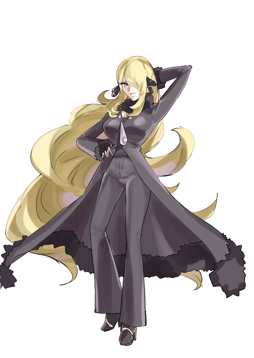 1girl absurdres arm_behind_head arm_up black_coat black_footwear black_pants black_shirt blonde_hair breasts cleavage coat commentary_request cynthia_(pokemon) full_body fur-trimmed_coat fur-trimmed_sleeves fur_collar fur_trim grey_eyes hair_ornament hair_over_one_eye hand_on_own_hip high_heels highres large_breasts long_hair long_sleeves looking_at_viewer mogi_yasunobu nintendo pants parted_lips pokemon pokemon_dppt shirt sidelocks simple_background solo v-neck very_long_hair wavy_hair white_background