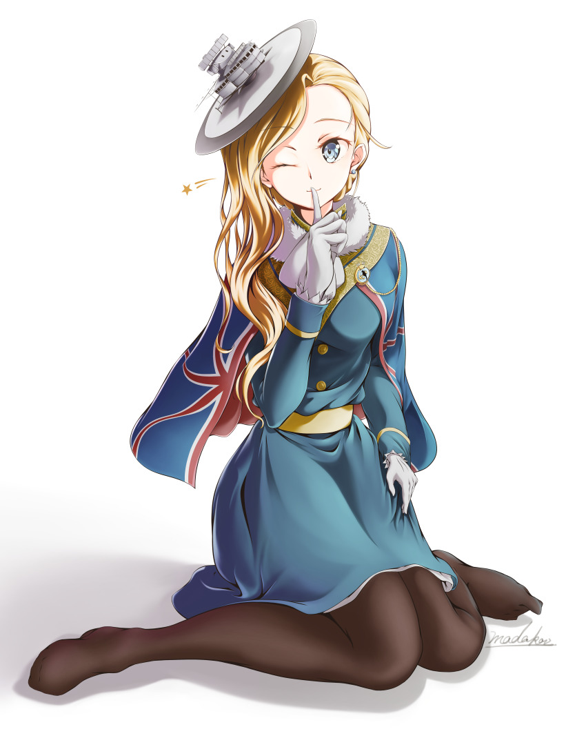 1girl absurdres artist_name azur_lane blonde_hair blue_coat blue_eyes buttons capelet coat ascot earrings fascinator finger_to_mouth full_body fur-trimmed_coat fur_trim gloves highres hood_(azur_lane) jewelry long_hair madakov_kodima one_eye_closed pantyhose shadow simple_background solo union_jack white_background white_gloves white_headwear