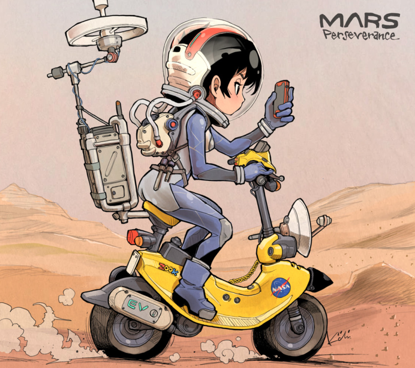 1girl black_eyes black_hair breasts cellphone dust from_side full_body helmet holding holding_phone kiichi mars_(planet) medium_breasts minibike motor_vehicle motorcycle mountain nasa noped outdoors perseverance_(rover) personification phone real_life science_fiction scooter smartphone solo space_helmet spacesuit