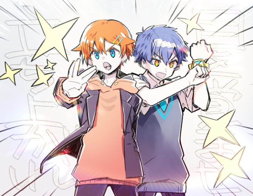 acceptor asanaka_yomogi blue_eyes blue_hair cha-handaisuki cosplay costume_switch green_eyes gridman_universe hair_ornament hairclip hibiki_yuuta highres hood jacket necktie red_hair school_uniform shirt short_hair ssss.dynazenon ssss.gridman star_(symbol) white_shirt yellow_eyes