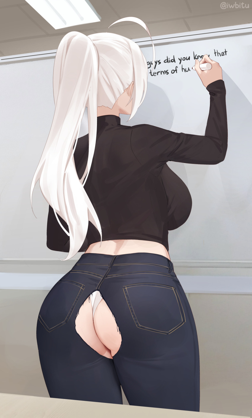 1girl ahoge ass black_shirt breasts commentary cowboy_shot denim english_commentary from_behind highres holding holding_marker indoors iwbitu jeans large_breasts long_hair long_sleeves marker meme nyopu original panties pants ponytail shirt solo torn_clothes torn_jeans torn_legwear torn_pants turtleneck turtleneck_shirt twitter_username underwear vaporeon_copypasta_(meme) wardrobe_malfunction white_hair white_panties whiteboard