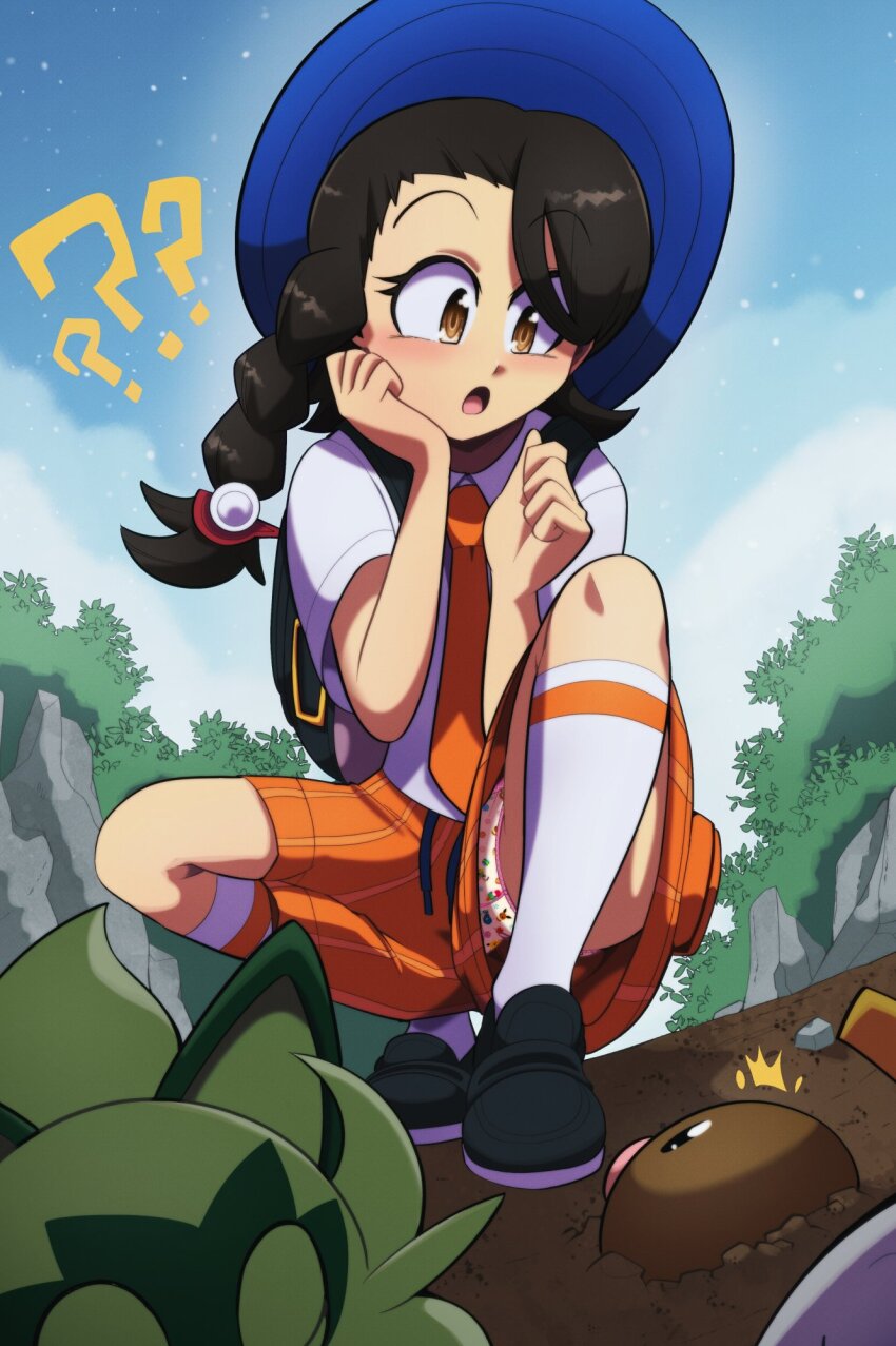 1girl accidental_exposure backpack bag black_footwear braid brown_eyes brown_hair character_print clenched_hands collared_shirt day diglett eevee euf-dreamer eyelashes feet_together female_focus fingernails flat_chest full_body gen_1_pokemon gen_2_pokemon gen_5_pokemon gen_6_pokemon hair_ornament hand_on_own_cheek hand_on_own_face hands_up hat hawlucha highres juliana_(pokemon) knees legs light_blush long_hair looking_at_another matching_hair/eyes naranja_academy_school_uniform nature neck necktie nintendo open_mouth orange_necktie orange_shorts outdoors panties pikachu pokemon pokemon_print pokemon_sv print_panties sawk shiny_skin shirt shoes short_sleeves shorts side_braid size_difference sky sleeping socks source_request spread_legs sprigatito squatting swept_bangs thighs underwear upshorts white_panties white_shirt xatu