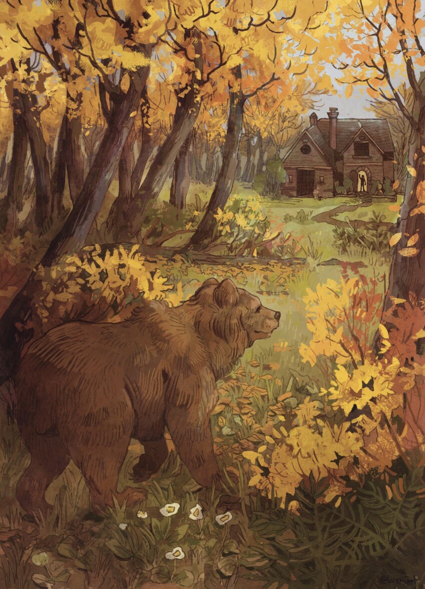 1other animal animal_focus arch arm_at_side arm_up autumn_leaves bear brown_bear brown_fur building chimney closed_mouth commentary commission day door english_commentary flower forest full_body grass highres house leaf looking_to_the_side nature open_door original outdoors silhouette sky standing tree turnipot vegetation white_flower window