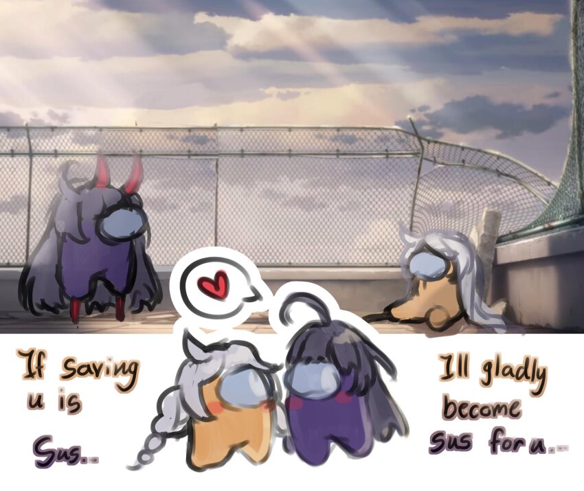 2others ahoge among_us blush_stickers braid broken_fence cloud cloudy_sky cosplay crewmate_(among_us) day english_text heart highres honkai_(series) honkai_impact_3rd horns kiana_kaslana kiana_kaslana_(cosplay) kiana_kaslana_(white_comet) light_rays long_hair multiple_others on_rooftop outdoors outline parody purple_(among_us) purple_hair raiden_mei raiden_mei_(cosplay) raiden_mei_(herrscher_of_thunder) red_horns rooftop scene_reference screenshot_background sidelighting sitting sky spacesuit speech_bubble spoken_heart standing sunbeam sunlight twin_braids white_hair white_outline yellow_(among_us) yuevander
