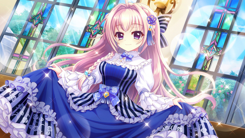 1girl ahoge blonde_hair blue_bow blue_bowtie blue_dress blue_eyes blue_sky bow bowtie braid breasts closed_mouth crown_braid curtsey day dot_nose dress dutch_angle film_grain game_cg hair_bow hair_intakes hair_ornament izumi_tsubasu large_bow lens_flare long_braid long_hair long_skirt looking_at_viewer medium_breasts mole mole_under_each_eye mole_under_eye multiple_moles non-web_source official_art re:stage! shiratori_amaha_(re:stage!) skirt skirt_hold sky smile solo sparkle stained_glass striped_bow striped_clothes striped_dress vertical-striped_clothes vertical-striped_dress wall_lamp window