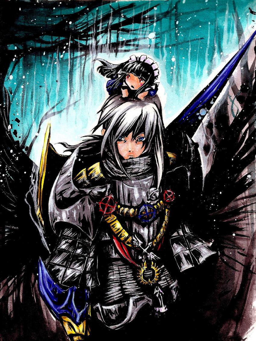 1boy alice_(ragnarok_online) armor black_wings blue_background blue_eyes breastplate character_doll commentary_request cross_of_prontera doll_on_head faulds feathered_wings gauntlets grey_hair highres long_hair looking_to_the_side male_focus pauldrons ragnarok_online royal_guard_(ragnarok_online) shoulder_armor solo spanish_commentary wings yunaxd