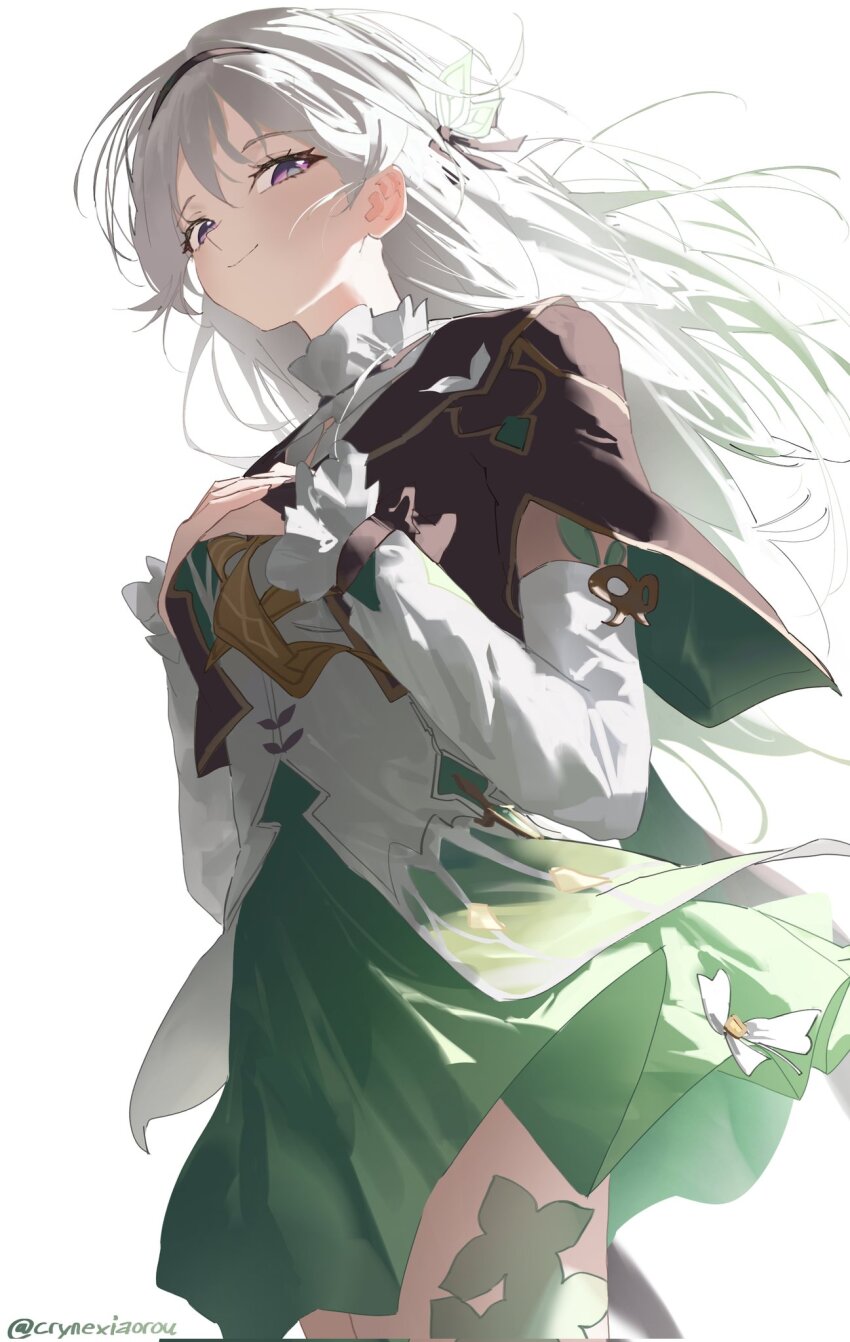 1girl aqua_dress aqua_skirt black_hairband black_ribbon blue_pupils bridal_gauntlets closed_mouth cropped_jacket cryne detached_sleeves dress firefly_(honkai:_star_rail) frilled_dress frilled_sleeves frills gradient_eyes grey_hair hair_between_eyes hair_intakes hair_ornament hair_ribbon hairband highres honkai:_star_rail honkai_(series) long_hair long_sleeves multicolored_eyes neckerchief orange_neckerchief ribbon ribbon-trimmed_dress ribbon-trimmed_skirt ribbon_trim single_bridal_gauntlet skirt smile solo white_sleeves