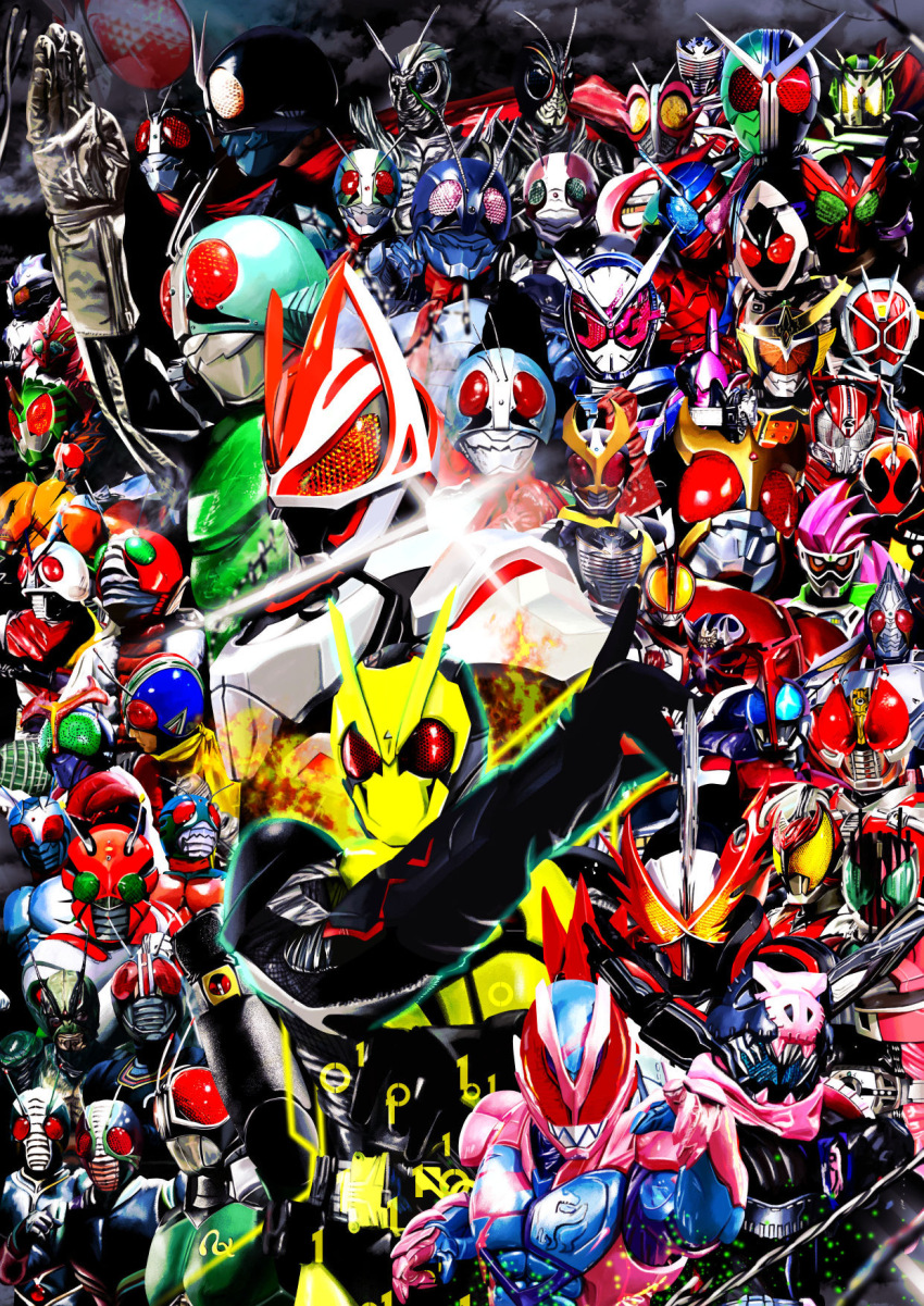 4ze_meteor 6+boys armor bodysuit character_request compound_eyes copyright_request everyone gloves grey_gloves highres kamen_rider kamen_rider_(1st_series) kamen_rider_1 kamen_rider_1_(shin) kamen_rider_2 kamen_rider_2_(shin) kamen_rider_555 kamen_rider_agito kamen_rider_battle kamen_rider_battle:_ganbarizing kamen_rider_dcd kamen_rider_decade kamen_rider_faiz kamen_rider_g_(movie) kamen_rider_geats kamen_rider_geats_(series) kamen_rider_the_first kamen_rider_the_next kamen_rider_v3 kamen_rider_v3_(series) kamen_rider_zo_(movie) multiple_boys new_kamen_rider shin_kamen_rider_prologue