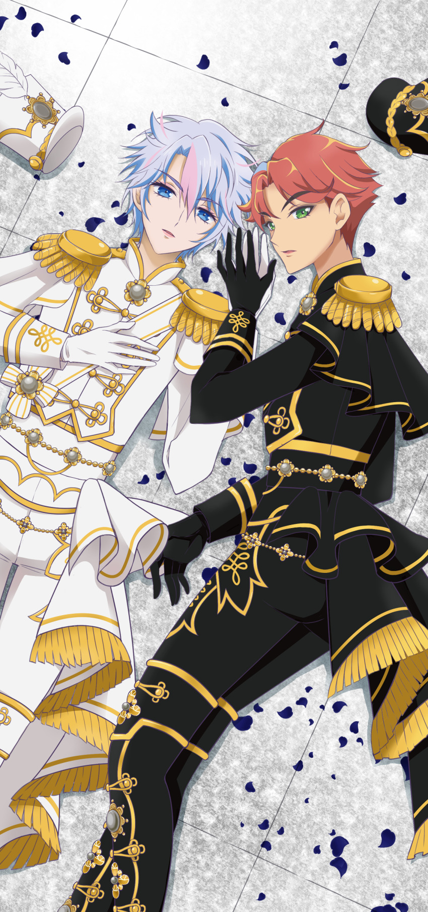 2boys absurdres black_footwear black_gloves black_headwear black_jacket black_pants blue_eyes blue_hair boots brooch buttons capelet commentary cummerbund double-breasted epaulettes feet_out_of_frame fringe_trim gem gloves green_eyes hair_between_eyes hair_flaps hand_on_own_chest hat hat_feather highres holding_hands hughie_(pretty_series) ibuki_touma ibuki_touma_(primagista) idol_clothes jacket jewelry kikuta_michiyo lipstick long_sleeves looking_at_viewer lying makeup male_focus multicolored_hair multiple_boys on_back on_floor orange_hair pants parted_bangs pearl_(gemstone) petals pink_hair pink_lips pretty_series sash shako_cap short_hair shoulder_sash sleeve_cuffs streaked_hair symbol-only_commentary thigh_boots tile_floor tiles unworn_hat unworn_headwear waccha_primagi! waist_cape white_capelet white_footwear white_gloves white_headwear white_jacket white_pants