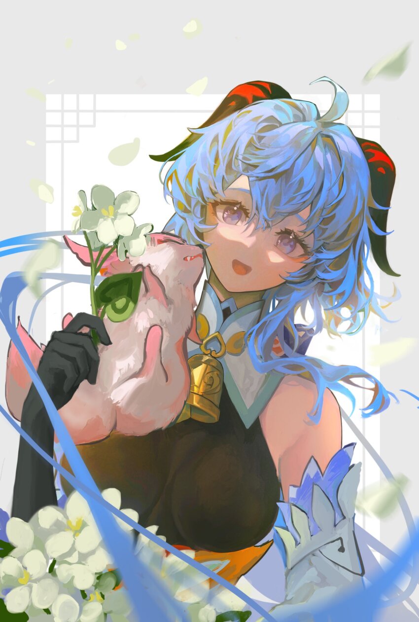 1girl :d ahoge bare_shoulders bell black_gloves blue_hair bodystocking breasts chinese_commentary commentary_request detached_sleeves double-parted_bangs elbow_gloves falling_petals floating_hair flower ganyu_(genshin_impact) genshin_impact gloves hair_between_eyes highres holding holding_flower horns kayakooooo looking_at_viewer medium_breasts neck_bell open_mouth petals purple_eyes qingxin_flower smile solo_focus upper_body white_flower yae_miko yae_miko_(fox)