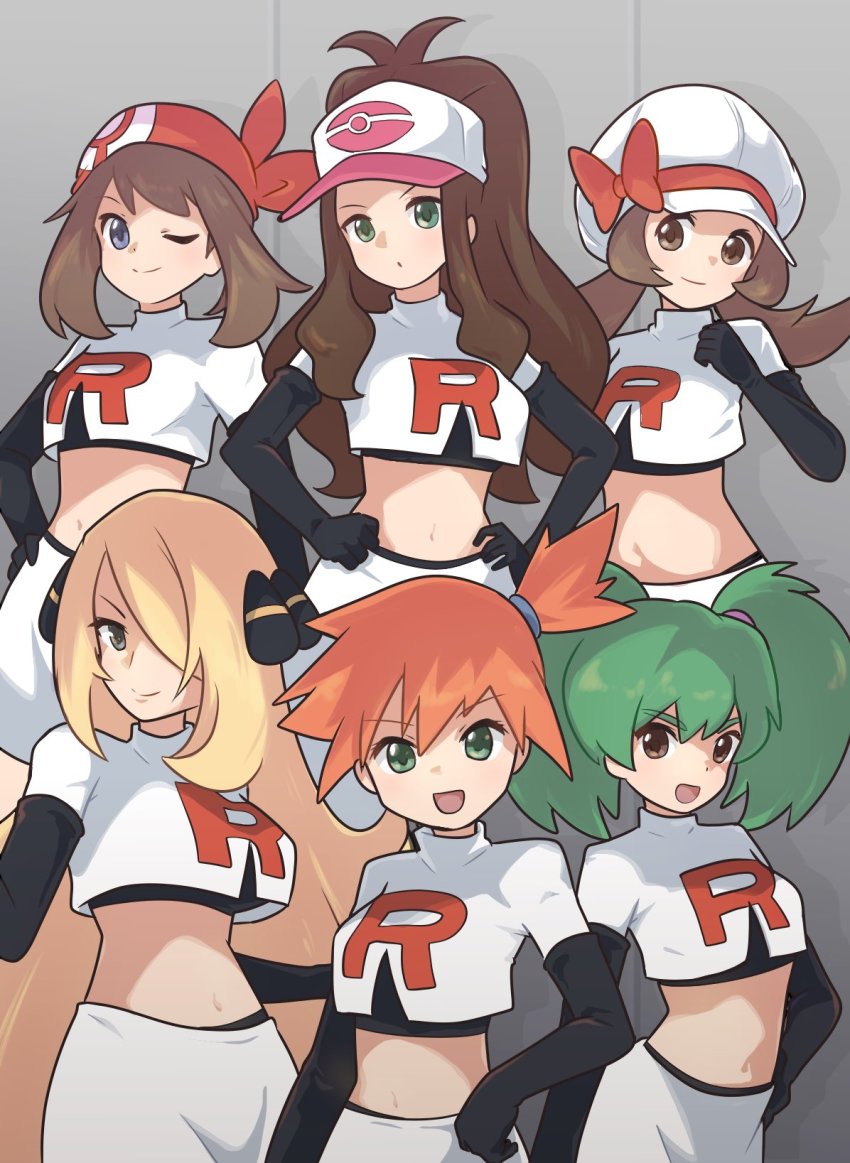 6+girls :d aqua_eyes bad_id bad_twitter_id bandana baseball_cap blue_eyes breasts brown_eyes brown_hair closed_mouth cosplay crop_top cynthia_(pokemon) duplica_(pokemon) elbow_gloves gloves grey_background grey_eyes hair_ornament hair_over_one_eye hand_on_own_hip hands_on_own_hips hat highres hilda_(pokemon) long_hair looking_at_viewer lyra_(pokemon) may_(pokemon) medium_hair midriff misty_(pokemon) multiple_girls navel nintendo one_eye_closed open_mouth pencil_skirt pokemon pokemon_(anime) pokemon_(classic_anime) pokemon_bw pokemon_dppt pokemon_hgss pokemon_rgby pokemon_rse ponytail poyo_party print_shirt shirt side_ponytail simple_background skirt smile team_rocket team_rocket_grunt team_rocket_grunt_(cosplay) team_rocket_uniform twintails v-shaped_eyebrows very_long_hair white_skirt