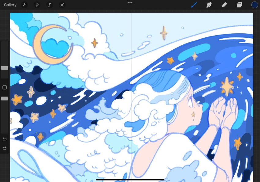 1girl art_program_in_frame blue_dress blue_eyes blue_hair blue_sky blue_theme closed_mouth crescent_moon day dress foaming_waves from_behind highres liquid_hair long_hair meyoco moon object_floating_above_hand ocean original outdoors short_sleeves sketch sky solo star_(sky) star_on_cheek unfinished water waving white_dress