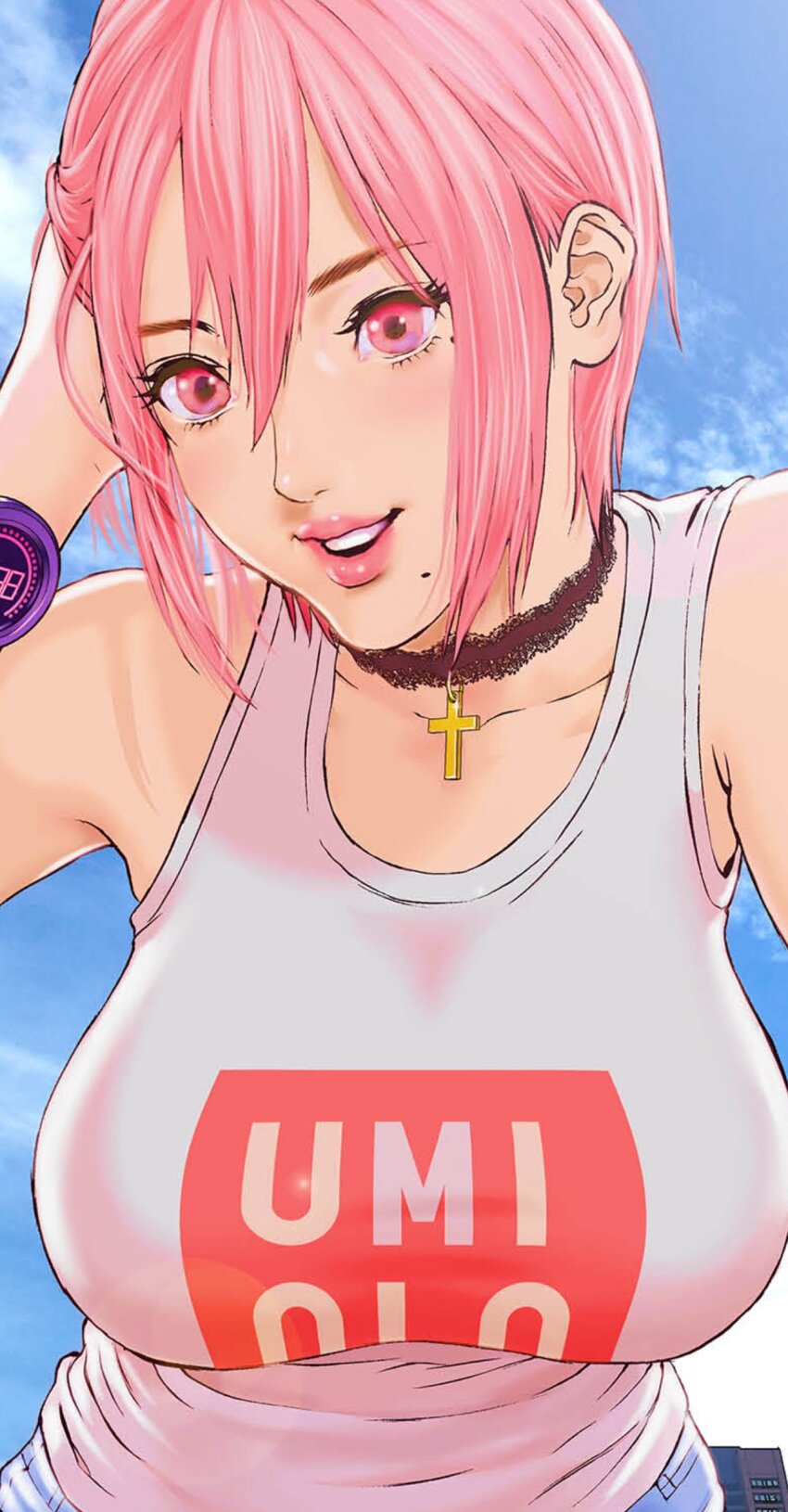 1girl absurdres arm_up blue_pants breasts choker cloud collarbone cross gigant_(series) hair_between_eyes hand_in_own_hair hand_on_own_head highres jewelry lace lace_choker large_breasts lips logo looking_at_viewer mole mole_under_mouth necklace official_art oku_hiroya open_mouth pants papico_(gigant) pink_eyes pink_hair pink_lips short_hair sidelocks sky smile solo tank_top teeth uniqlo upper_body upper_teeth_only watch white_tank_top wristwatch