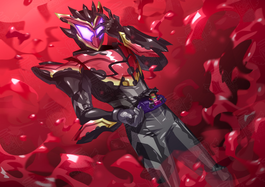 1boy absurdres armor bitter_gavv black_bodysuit bodysuit full_body gloves glowing glowing_eyes helmet highres kamen_rider kamen_rider_bitter_gavv kamen_rider_bitter_gavv_(sparkingummy_form) kamen_rider_gavv_(series) looking_at_viewer male_focus mask otokamu purple_eyes red_armor rider_belt solo