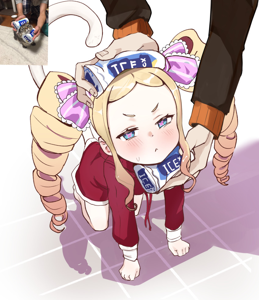 1boy 1girl :&lt; absurdres all_fours beatrice_(re:zero) blonde_hair blue_eyes blush butterfly-shaped_pupils cinndvl drill_hair from_above frown full_body hair_ribbon highres ice_pack long_hair looking_at_viewer narrowed_eyes natsuki_subaru parody photo-referenced photo_inset re:zero_kara_hajimeru_isekai_seikatsu ribbon solo_focus symbol-shaped_pupils tail twin_drills