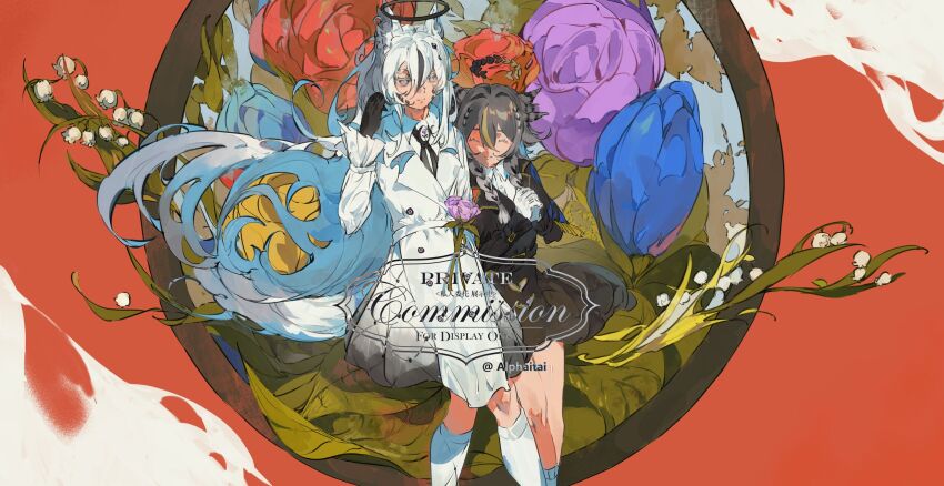 2girls animal_ears black_gloves black_hair black_halo black_necktie black_skirt blue_flower blue_tulip bowl chocolate_(jitong) closed_eyes closed_mouth collared_shirt facing_viewer feet_out_of_frame floating_hair flower gloves grey_eyes hair_between_eyes halo highres jacket kneehighs legs_together long_hair long_skirt long_sleeves looking_at_viewer multiple_girls necktie original purple_flower purple_tulip red_background red_flower red_tulip shirt sidelocks simple_background skirt smile socks tulip very_long_hair watermark white_gloves white_hair white_jacket white_shirt white_skirt white_socks wolf_ears wolf_girl