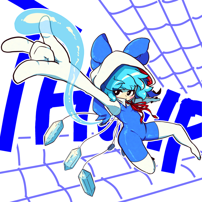 1girl absurdres black_eyes blue_bodysuit blue_bow blue_hair blush_stickers bodysuit bow cirno collared_bodysuit commentary_request cookie_(touhou) cosplay full_body hair_bow highres hood hood_up ice ice_wings marvel micha_(cookie) muimui_(4242564muimui) neck_ribbon red_ribbon ribbon short_hair silk snot snot_trail solo spider-gwen spider-gwen_(cosplay) spider-man:_into_the_spider-verse spider-man_(series) spider-verse spider_web touhou two-tone_bodysuit white_background white_bodysuit wings