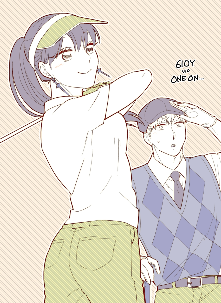 1boy 1girl black_hair breasts earrings gloves gold_earrings golf golf_club hat highres holding holding_golf_club husband_and_wife jewelry long_hair medium_breasts open_mouth outdoors playing_sports polo_shirt shirt short_sleeves simple_background smile spy_x_family standing sunbo_zatta swinging twilight_(spy_x_family) visor_cap yor_briar