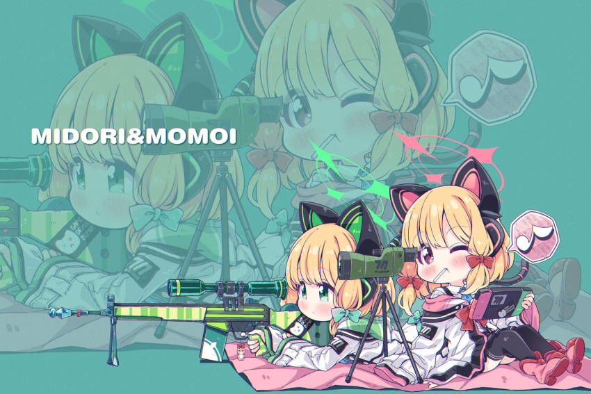 2girls animal_ear_headphones animal_ears black_thighhighs blonde_hair blue_archive blue_necktie blunt_bangs blush boots bow candy cat_ear_headphones cat_tail character_name chibi chibi_only collared_shirt commentary_request english_text eyes_visible_through_hair fake_animal_ears fake_tail food full_body green_background green_bow green_eyes green_halo gun hair_bow halo handheld_game_console headphones highres holding holding_gun holding_handheld_game_console holding_weapon hood hood_down hooded_jacket jacket knees_up lollipop long_sleeves looking_ahead lying medium_hair midori_(blue_archive) momoi_(blue_archive) multiple_girls musical_note necktie nintendo_switch on_stomach one_eye_closed open_clothes open_jacket pink_boots pink_halo red_bow red_eyes shirt sidelocks simple_background sitting speech_bubble spoken_musical_note tail takahero tareme thighhighs weapon white_jacket white_shirt wide_sleeves zoom_layer