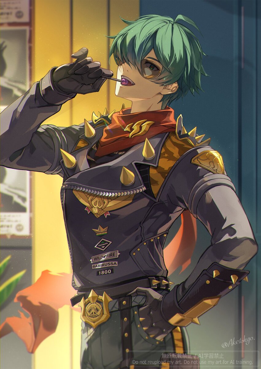 1boy :d ahoge aketohgo artist_name black_gloves black_jacket blue_pants blurry blurry_background candy cowboy_shot fang food gloves green_eyes green_hair hair_over_one_eye hand_in_pocket hand_up highres holding holding_candy holding_food holding_lollipop jacket leather leather_jacket light_particles lighter_(zenless_zone_zero) lollipop lollipop_in_mouth long_sleeves looking_at_viewer male_focus one_eye_covered open_mouth pants parted_bangs pouch red_scarf scarf short_hair smile solo spiked_jacket spikes standing sunglasses teeth thigh_pouch torn_clothes torn_scarf twitter_username upper_teeth_only watermark zenless_zone_zero
