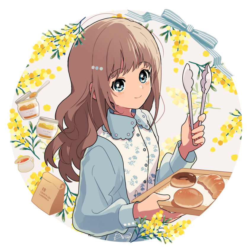 1girl arisa_(aren) artist_name blue_bow blue_dress blue_eyes blush border bow brown_hair buttons c: closed_mouth collared_dress croissant donut dress floral_print floral_print_dress flower food hair_ornament hand_up highres holding holding_tongs holding_tray jar long_hair long_sleeves looking_at_viewer original plant print_dress round_image signature smile solo spoon tongs tray upper_body white_border white_dress yellow_flower