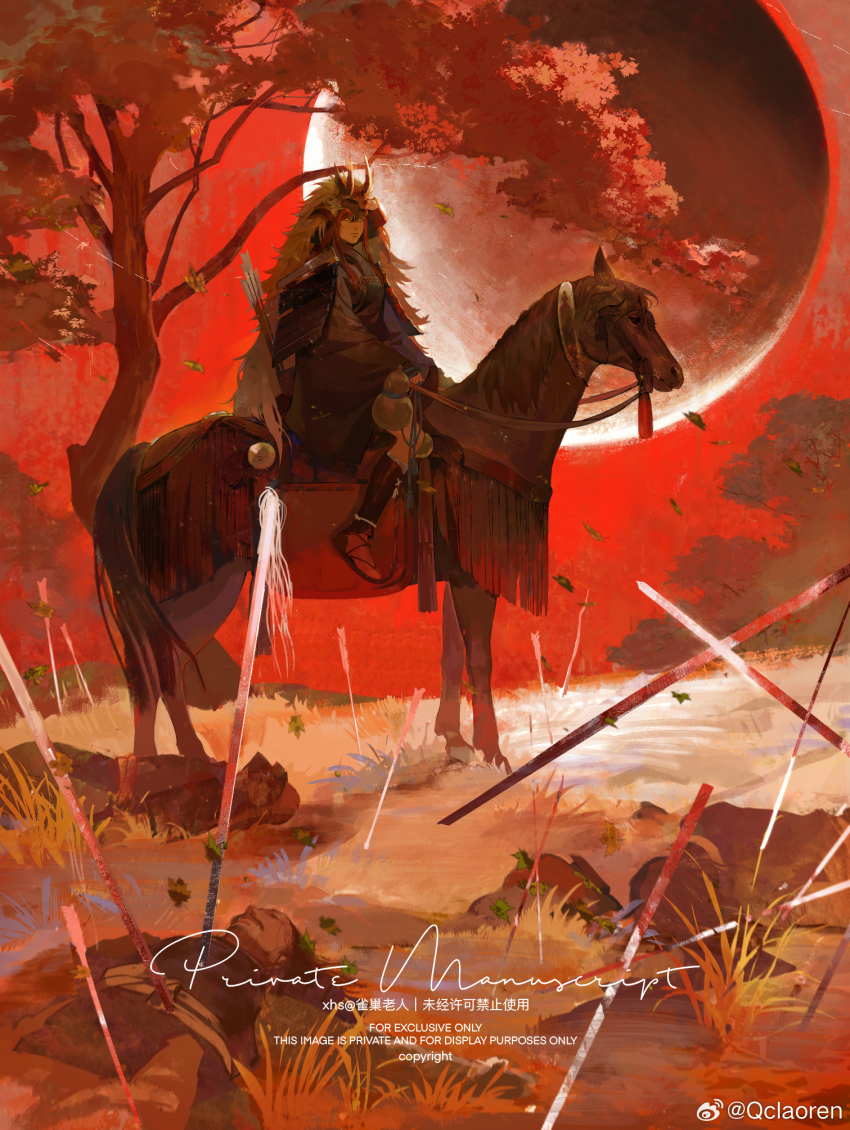 1girl animal_hat armor arrow_(projectile) black_sandals black_skirt bush chinese_commentary closed_mouth commentary_request corpse expressionless full_body full_moon gourd grass grey_kimono hat highres holding holding_reins horseback_riding japanese_armor japanese_clothes kimono leaf leg_armor lips long_hair long_sleeves miniskirt moon night original outdoors qclaoren red_hair red_sky red_socks reins riding saddle sample_watermark sandals short_kimono sidelocks skirt sky socks solid_eyes solo tabi tassel tree watermark weibo_watermark white_eyes wide_sleeves wind zouri