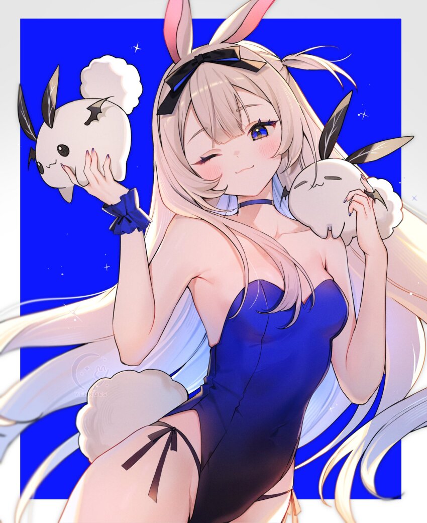 1girl :3 animal_ears artist_logo black_bow black_panties blonde_hair blue_background blue_choker blue_eyes blue_leotard blue_nails bow breasts choker creature double-parted_bangs fingernails hair_bow highres indie_virtual_youtuber leotard light_blush logo long_hair one_eye_closed one_side_up panties rabbit_ears rabbit_girl rabbit_tail side-tie_panties small_breasts smile solo sparkle string_panties tail underwear very_long_hair virtual_youtuber yenko_(vtuber) yenkoes