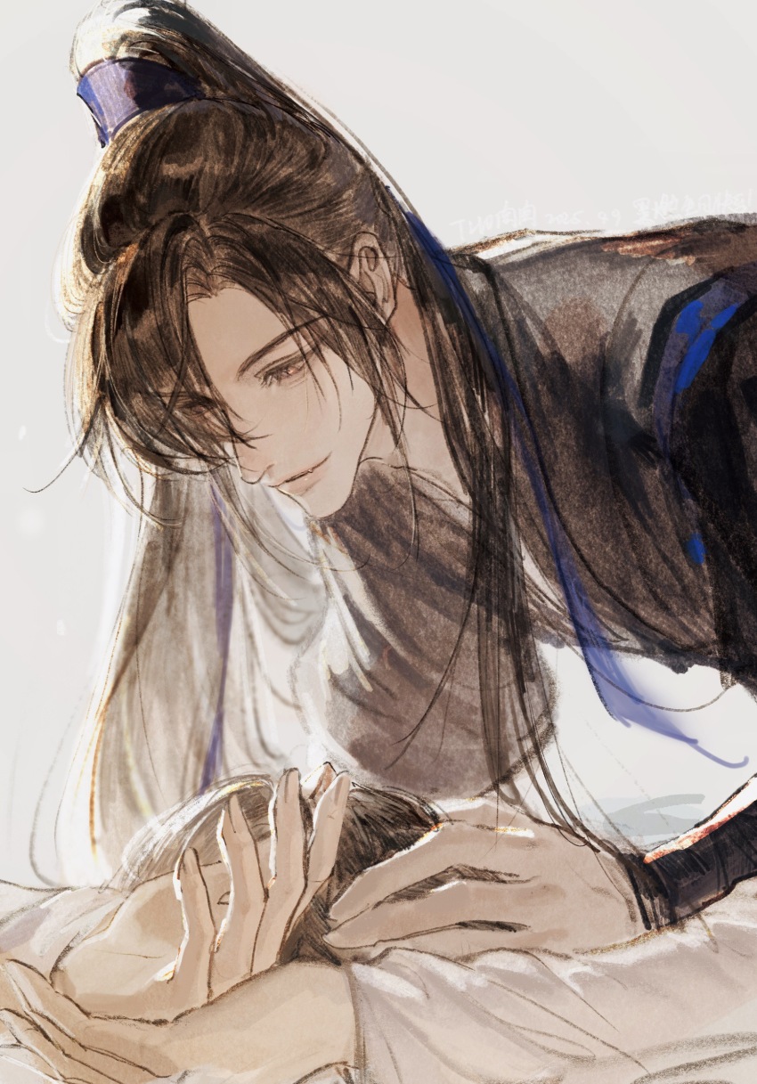 2boys black_hair black_hanfu blue_ribbon chinese_clothes chinese_commentary chu_wanning closed_mouth erha_he_tadebai_mao_shizun hair_ribbon hand_on_another&#039;s_head hanfu high_ponytail highres long_hair long_sleeves looking_at_another looking_down lying male_focus mo_ran multiple_boys on_back ponytail purple_eyes ribbon simple_background smile tianhongqwq upper_body white_background white_hanfu yaoi