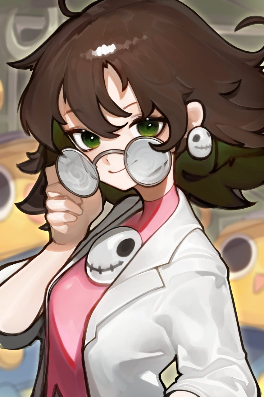 1girl absurdres blurry blurry_background brown_hair coat dress earrings glasses green_eyes highres hoai_vu jewelry lab_coat medium_hair mega_man_(series) mega_man_legends_(series) pink_dress round_eyewear servbot_(mega_man) skull_brooch skull_earrings solo_focus tron_bonne_(mega_man) upper_body white_coat