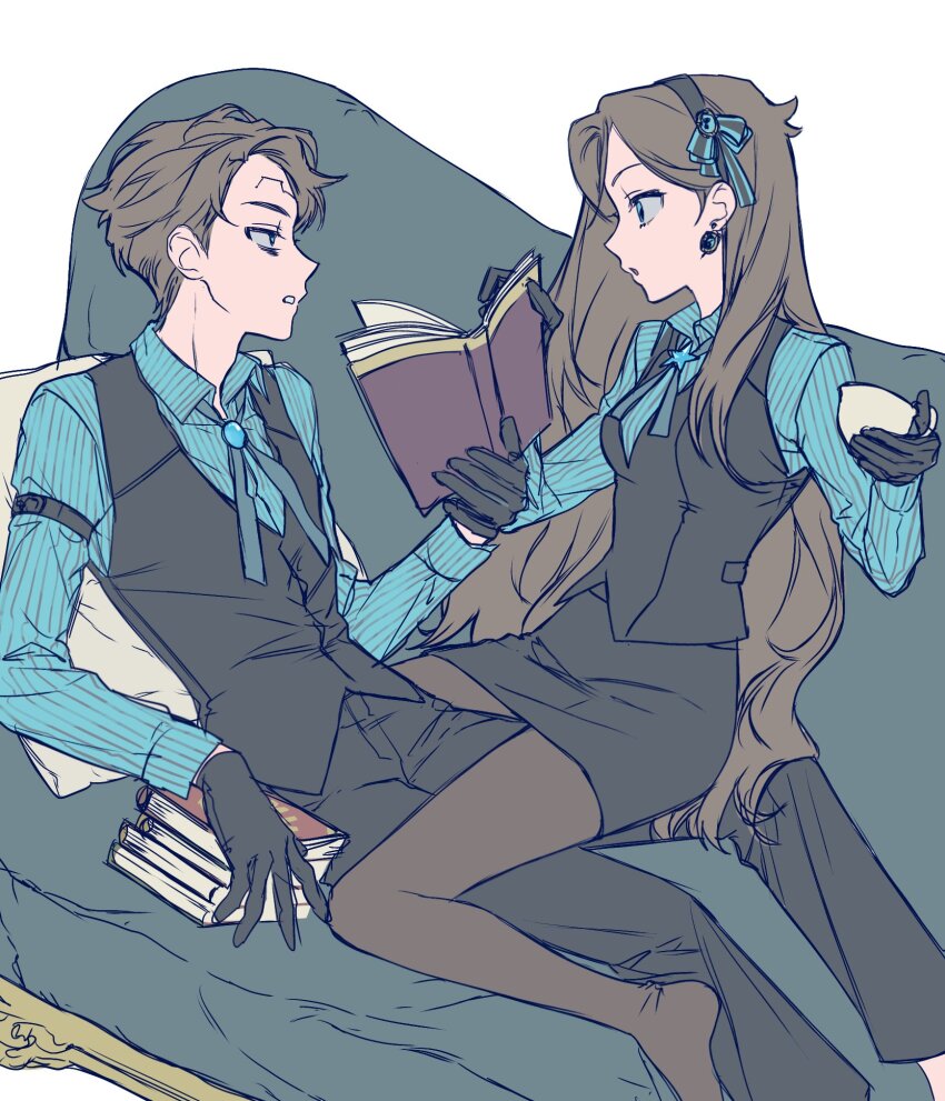 1boy 1girl aged_up alternate_universe aqua_eyes aqua_shirt arm_support black_gloves black_hairband black_pants black_skirt black_vest blue_brooch book breasts brooch brother_and_sister brown_hair brown_pantyhose collared_shirt commentary commentary_request couch cup dipper_gleeful dipper_pines earrings english_commentary eye_contact feet_out_of_frame from_side full_body girl_on_top gloves gravity_falls hair_behind_ear hairband hand_up hands_up highres holding holding_book holding_cup jewelry jjojjo110110 korean_commentary long_hair long_sleeves looking_at_another mabel_gleeful mabel_pines medium_breasts mixed-language_commentary no_shoes pants pantyhose parted_lips pencil_skirt profile reverse_falls_(gravity_falls) shirt short_hair siblings simple_background skirt star_brooch striped_clothes striped_shirt teacup twins vertical-striped_clothes vertical-striped_shirt very_long_hair vest white_background