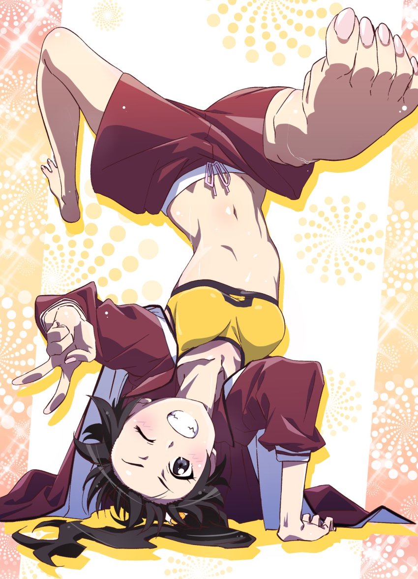 1girl araragi_karen barefoot blush feet forehead handstand highres jacket long_hair looking_at_viewer makicha_(sasurainopink) midriff monogatari_(series) navel nisemonogatari one_arm_handstand one_eye_closed outstretched_foot ponytail red_footwear red_jacket shorts smile solo sports_bra sportswear thighs upside-down v yellow_sports_bra